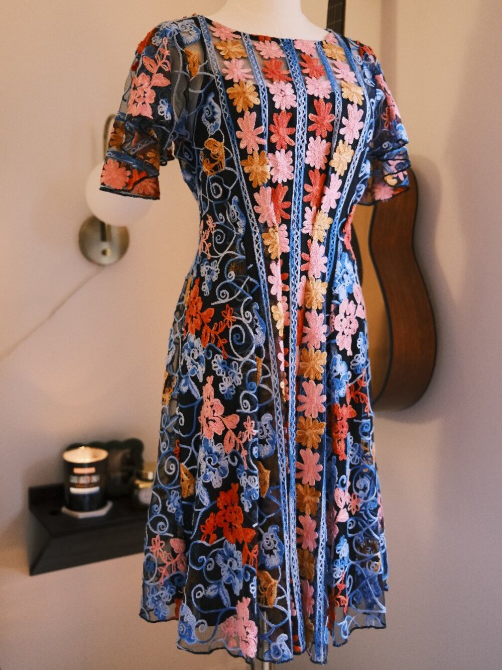 Anthropologie Eva Franco Embroidered Floral Fit Flare Dress Size 8
